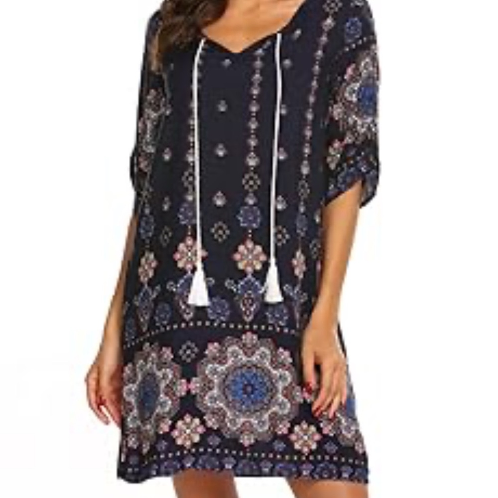 Navy Blue Bohemian Print Dress 2XL